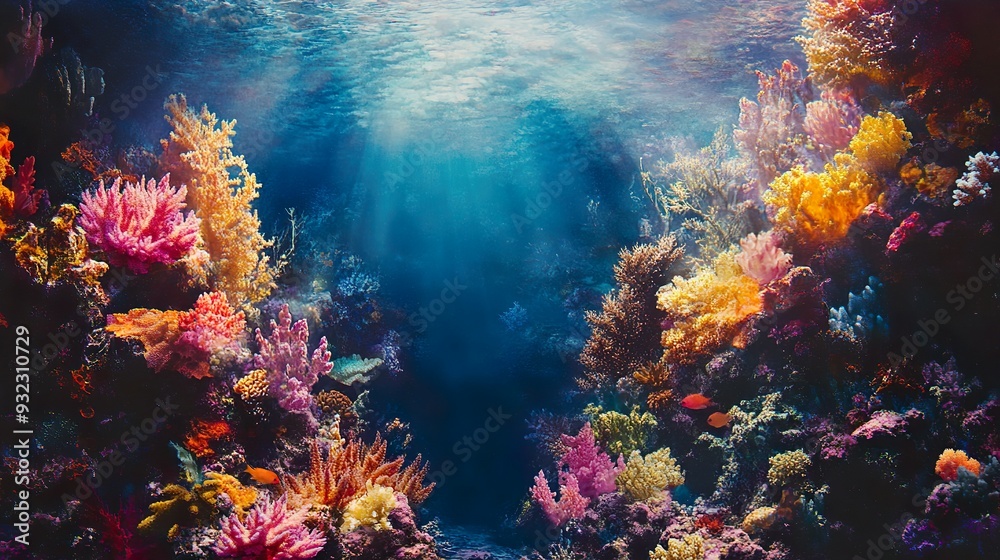 Majestic coral reef lit by soft underwater light scene wallpaper