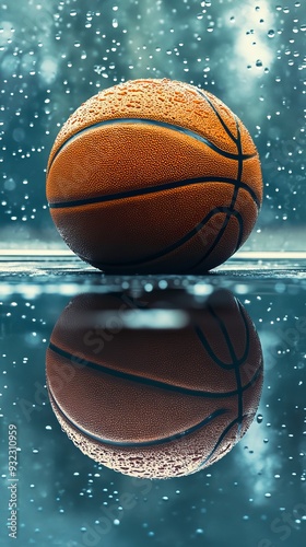 A basketball is sitting on a wet court photo