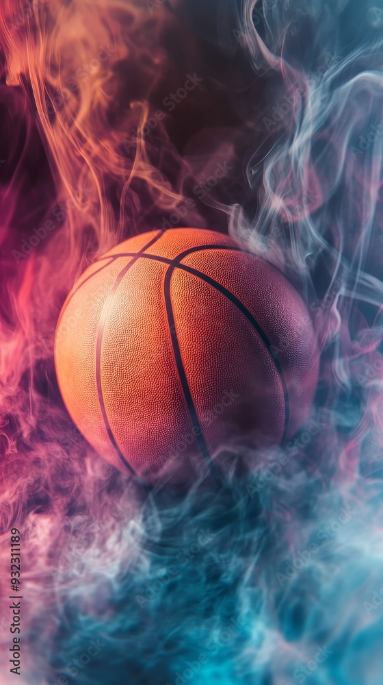 A basketball is sitting in a cloud of smoke