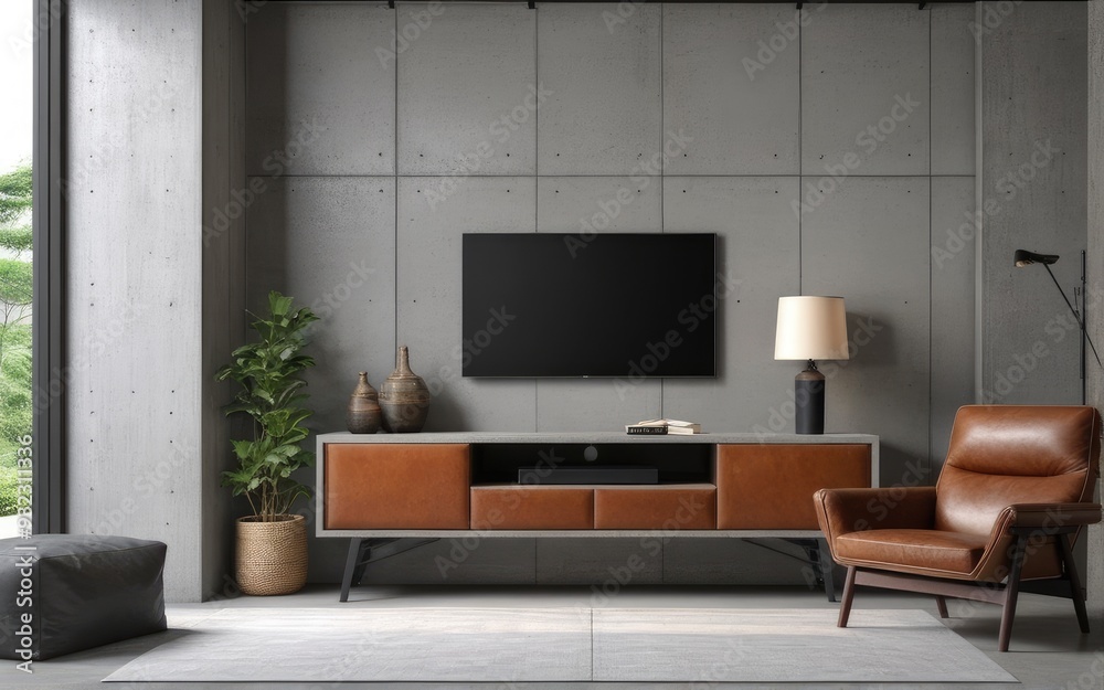 Living room interior have cabinet for tv and leather armchair in cement room with concrete wall Living room interior have cabinet for tv and leather armchair in cement room with concrete wall