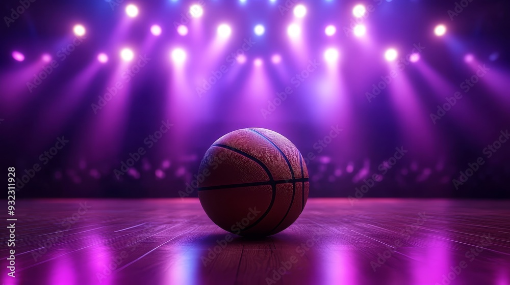A basketball is sitting on a wooden floor in front of a bright purple light A basketball is sitting on a wooden floor in front of a bright purple light