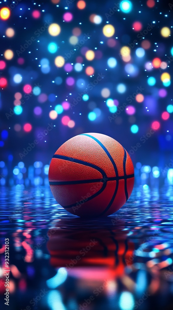 A basketball is sitting on a wet floor in a brightly lit room A basketball is sitting on a wet floor in a brightly lit room