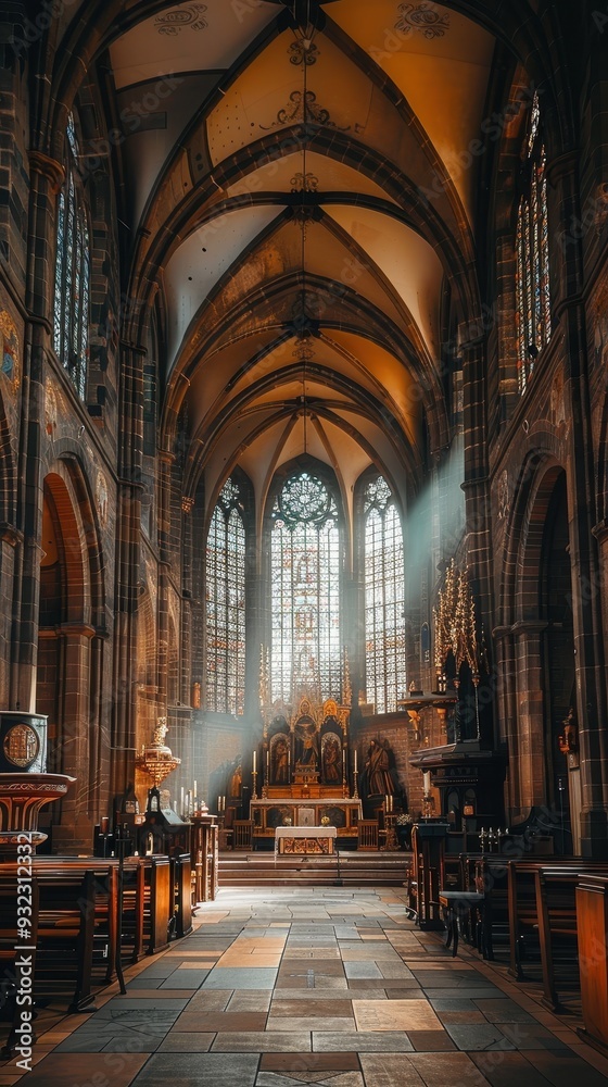 Fototapeta premium Sunlight streams through stained glass windows, illuminating the gothic architecture and serene atmosphere within the church