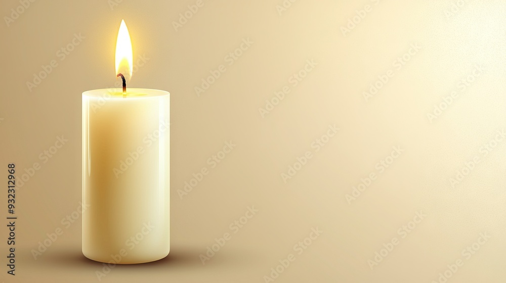 A lit candle on a beige background with a shadow of a candle in the center appears as a single light source A lit candle on a beige background with a shadow of a candle in the center appears as a single light source