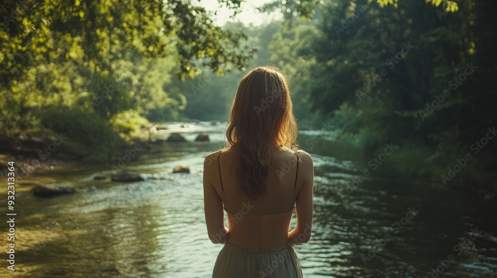 girl faces away from the camera as she stands. against the picturesque backdrop of a river. verdant woodland girl faces away from the camera as she stands. against the picturesque backdrop of a river. verdant woodland
