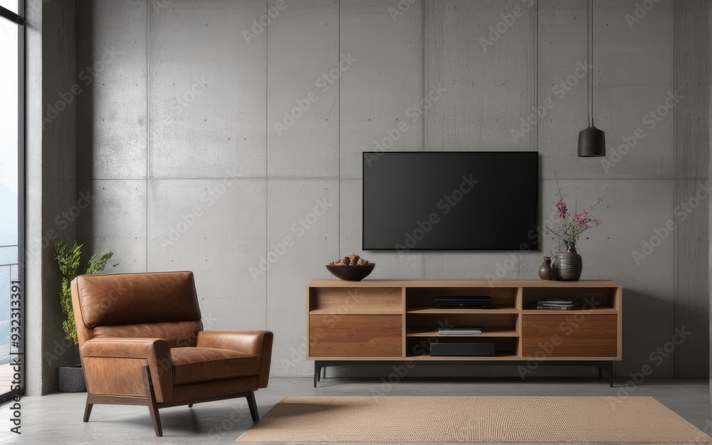 Living room interior have cabinet for tv and leather armchair in cement room with concrete wall Living room interior have cabinet for tv and leather armchair in cement room with concrete wall