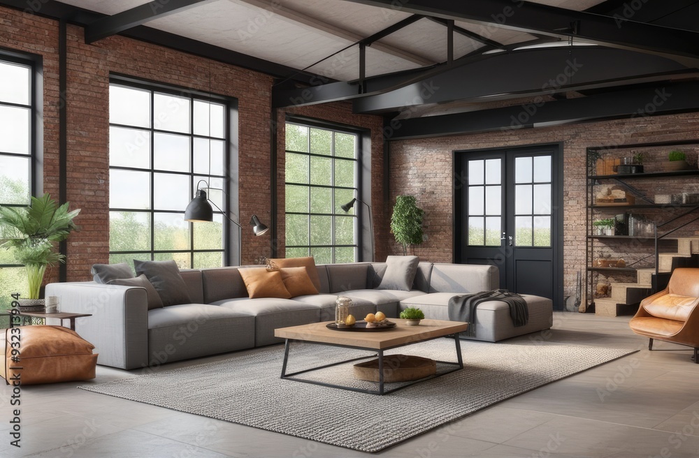 Loft style house with sofa and accessories in the room Loft style house with sofa and accessories in the room