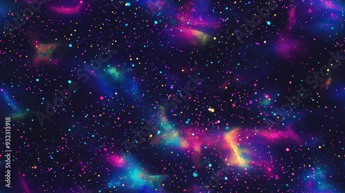  A seamless pattern with minimalistic holographic Galaxy moon, stars and planets - Glowing neon rainbow background.