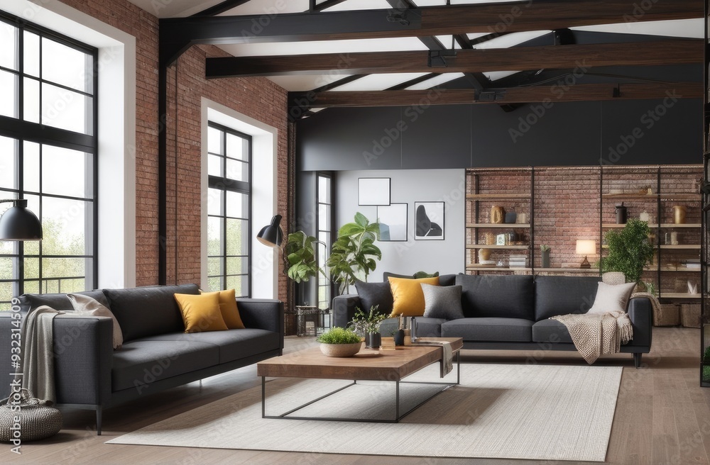 Loft style house with sofa and accessories in the room