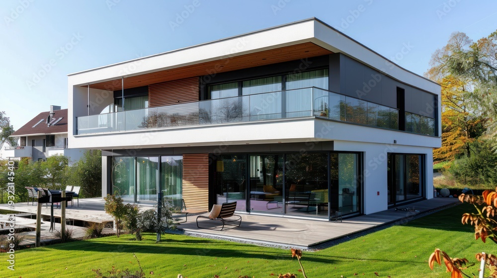 Modern Home with Large Windows and a Wooden Deck Modern Home with Large Windows and a Wooden Deck