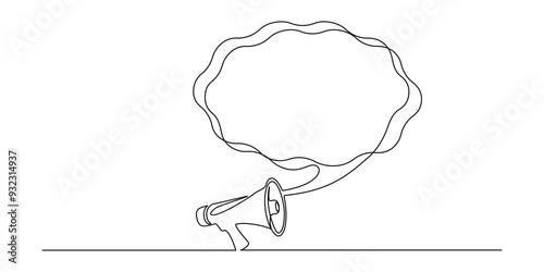 One continuous line drawing of loudspeaker with voice speech balloon. Megaphone speaker symbol of marketing promotion in simple linear style. Job offer concept editable stroke. Vector illustration