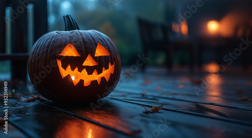 Jack-O-Lantern pumpkin glowing on a wet porch at night. photo