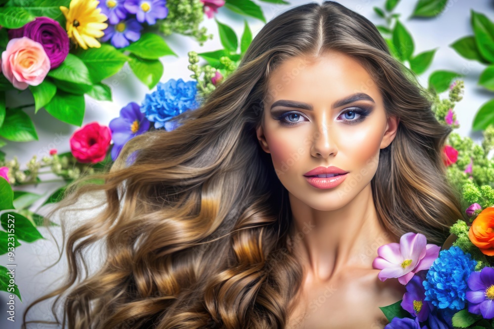 A woman with flowing hair surrounded by vibrant flowers poses serenely against a lush, floral backdrop. Generative AI A woman with flowing hair surrounded by vibrant flowers poses serenely against a lush, floral backdrop. Generative AI