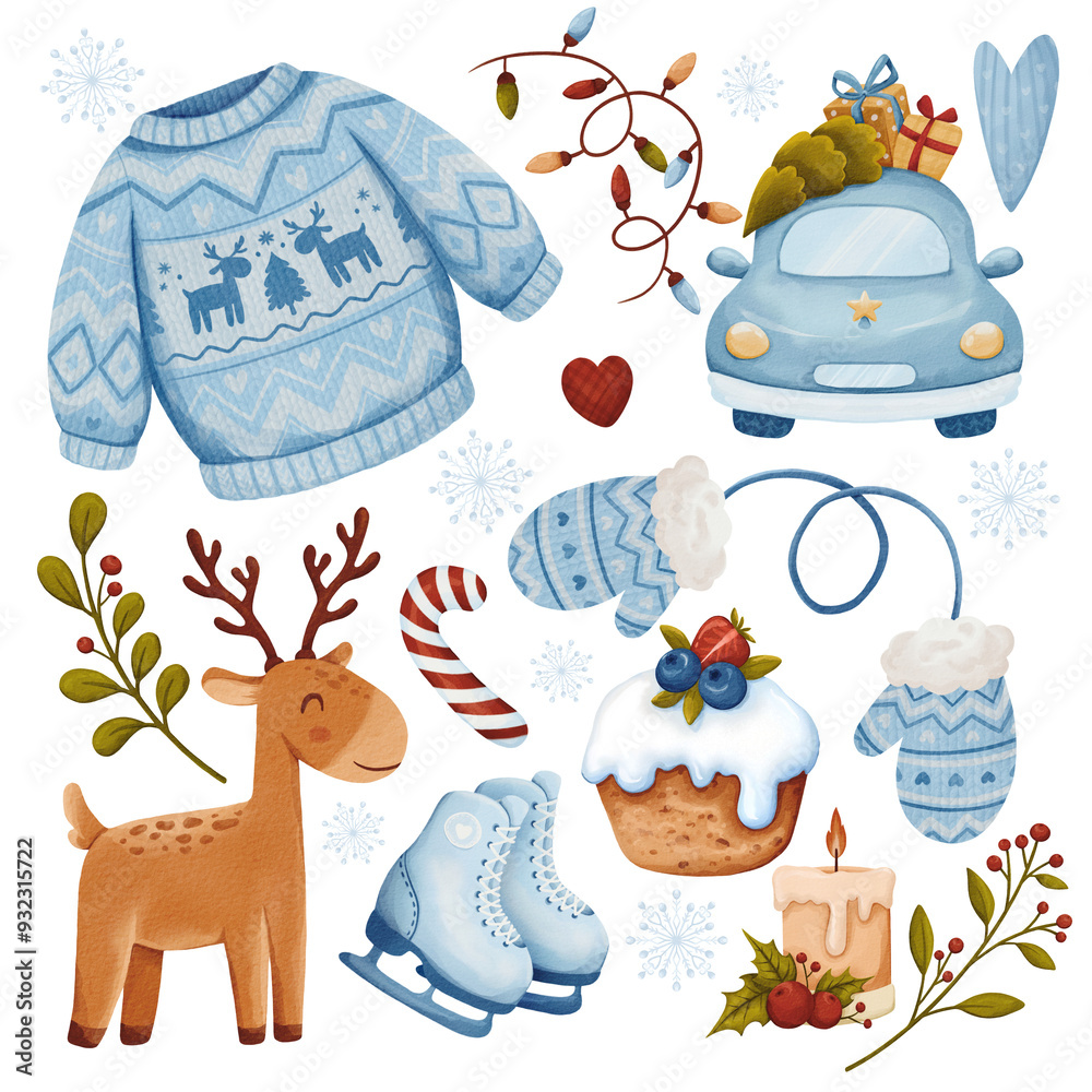 Naklejka premium Christmas watercolor elements with a car with gifts and a Christmas tree, a sweater, skates and branches, red berries, a garland and mittens. Winter drawings clipart, on a transparent background.