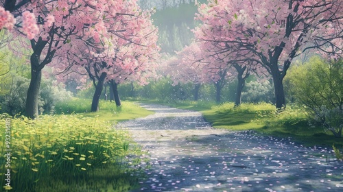 Serene Pathway Through a Cherry Blossom Forest