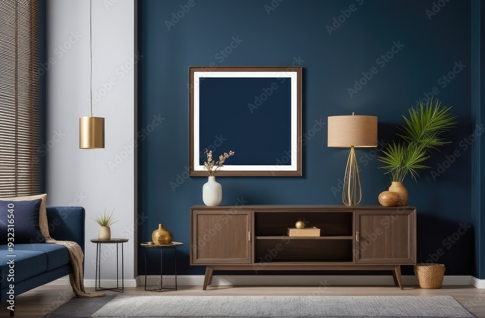 Mockup frame on cabinet in living room interior on empty dark blue wall background Mockup frame on cabinet in living room interior on empty dark blue wall background