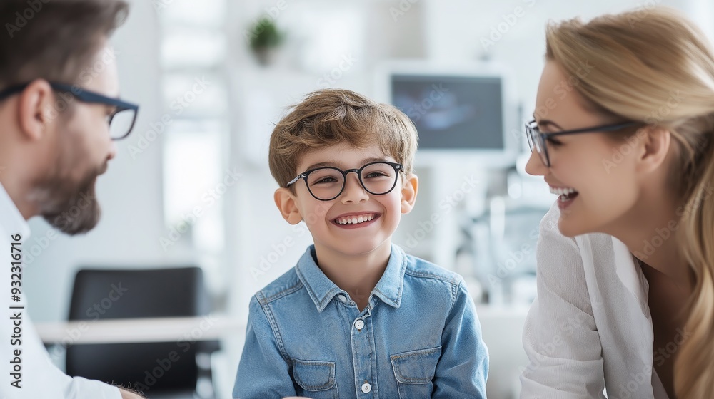 Obraz premium Happy Family of Three at Eye Doctor s Office Smiling Together with Boy Wearing Glasses, Healthcare Concept Image for Optometry Website or Brochure