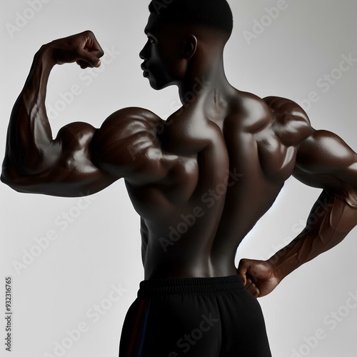  Black man, back and shirtless fitness in studio, strong arms and muscle on white background. Male person, confident and athlete for power or flexing healthy body, bodybuilder and topless for wellness photo