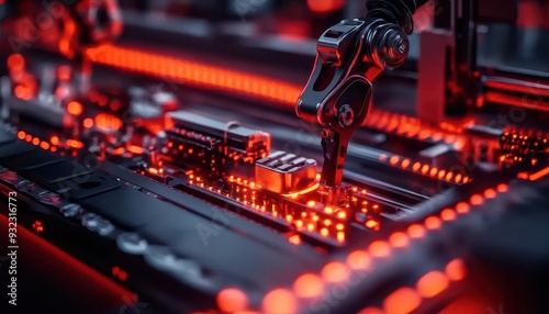 Automated factory with robotic arms assembling products on a conveyor belt, Industrial, HighTech, Dynamic