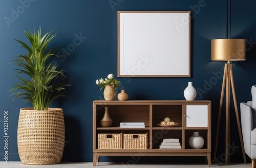 Mockup frame on cabinet in living room interior on empty dark blue wall background