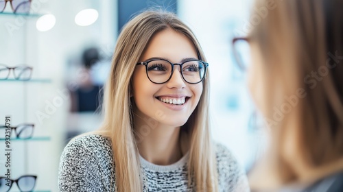 Portrait of a Young Woman Happily Trying on Stylish Eyeglasses at an Optometrist s Office with Modern Frames and Professional Assistance photo