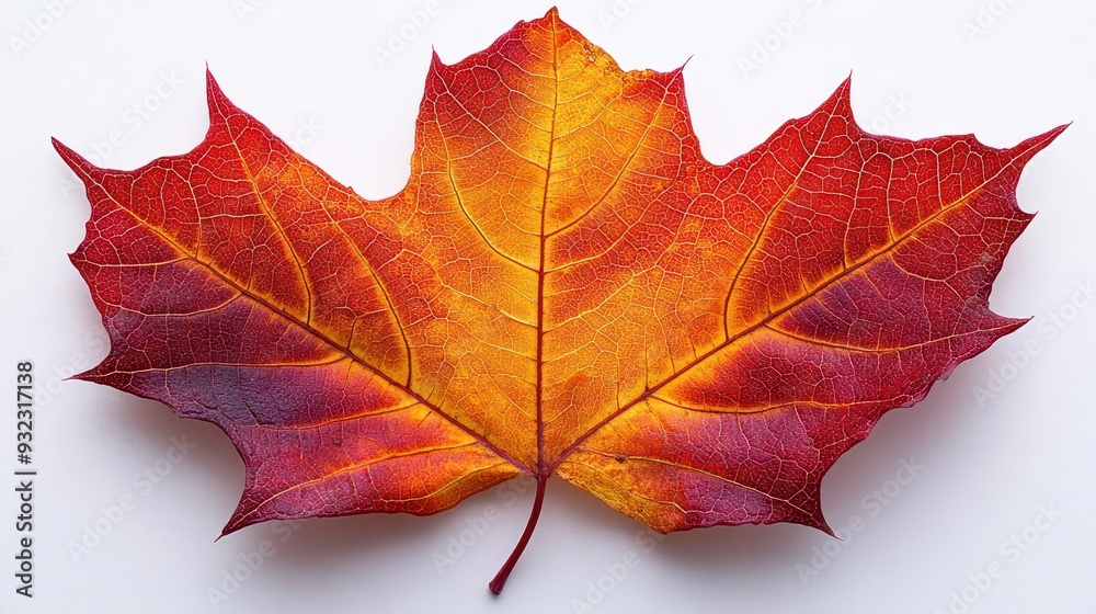 Obraz premium vibrant red sugar maple leaf with intricate veins against pure white background delicate stem and rich autumnal hues showcased in botanical detail