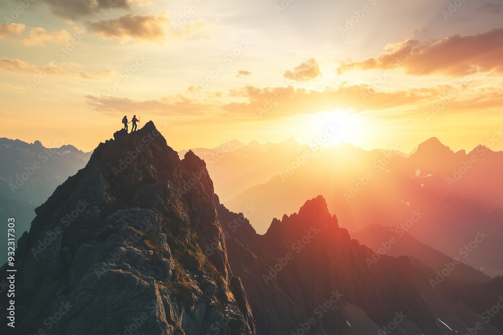 Climbers reaching the summit of a challenging peak with the first rays of sunrise illuminating the landscape Climbers reaching the summit of a challenging peak with the first rays of sunrise illuminating the landscape