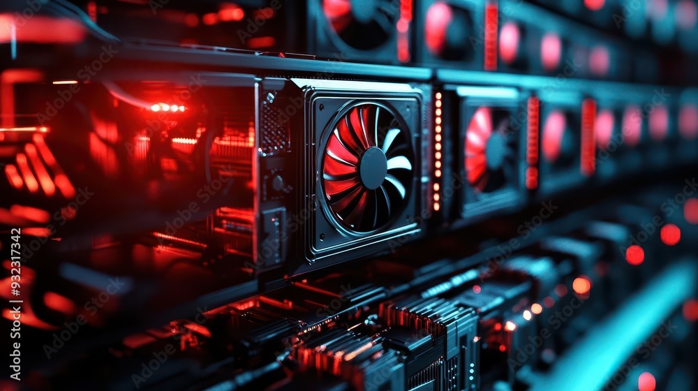 Obraz premium Cryptocurrency mining farm with rows of computers and cooling systems, Industrial, HighTech, Dark