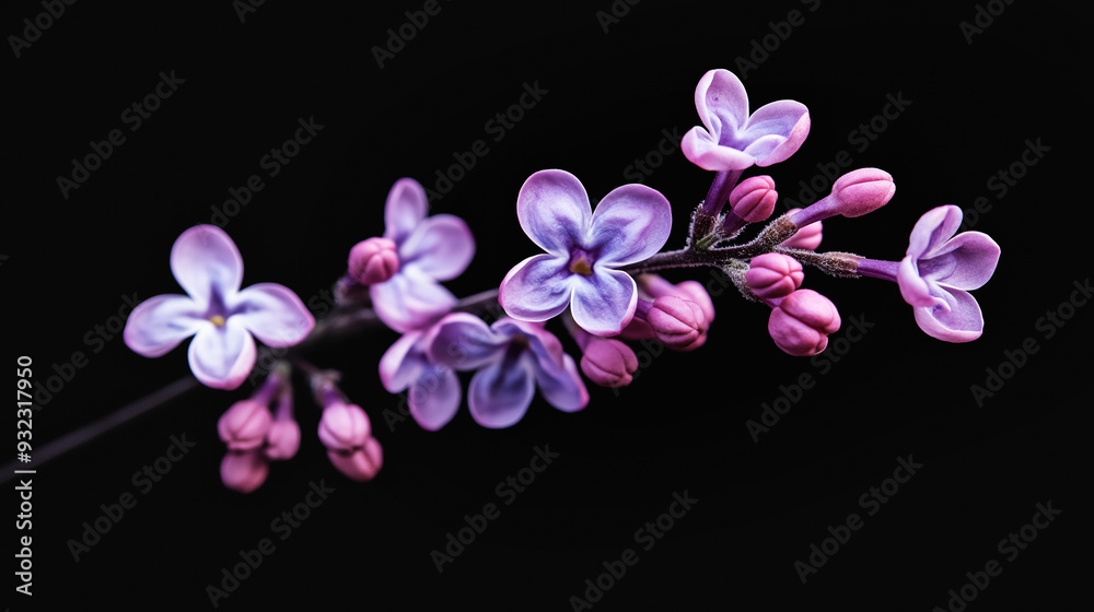 Close-up of delicate purple and pink lilac flowers blooming against a black background. The vibrant colors of the petals stand out, highlighting the beauty of nature Close-up of delicate purple and pink lilac flowers blooming against a black background. The vibrant colors of the petals stand out, highlighting the beauty of nature