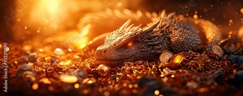 Dragons lair filled with gold and treasure, with the dragon sleeping atop, Fantasy, High Contrast, Cinematic photo