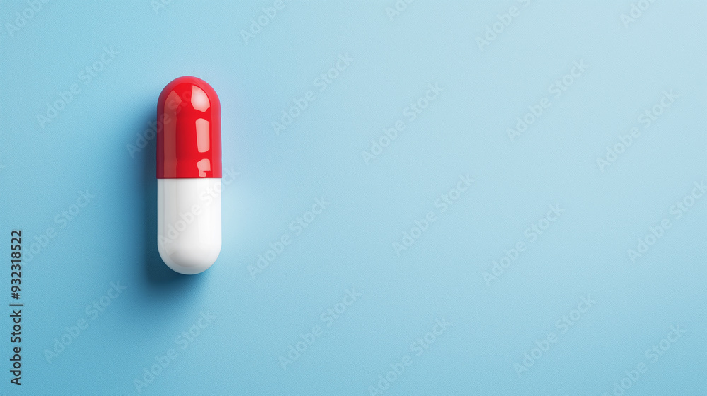 Single red and white capsule pill isolated on a light blue background. The image emphasizes simplicity and contrasts the pill's colors against the smooth, clean background. Single red and white capsule pill isolated on a light blue background. The image emphasizes simplicity and contrasts the pill's colors against the smooth, clean background.