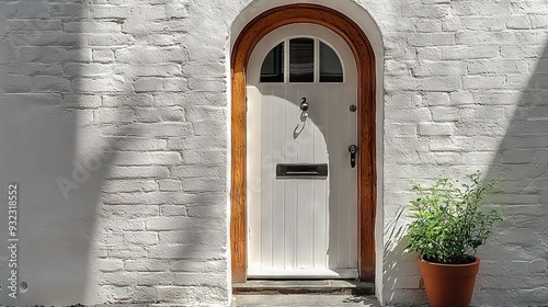   A white door and a potted plant on the side of a white brick building with a brown wooden door