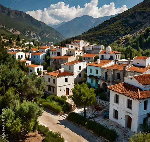 Depict the charming village of Dhërmi with its whitewashed stone houses, terracotta roofs, and narrow cobblestone streets. The scene is set against a backdrop of rugged mountains and lush greenery.