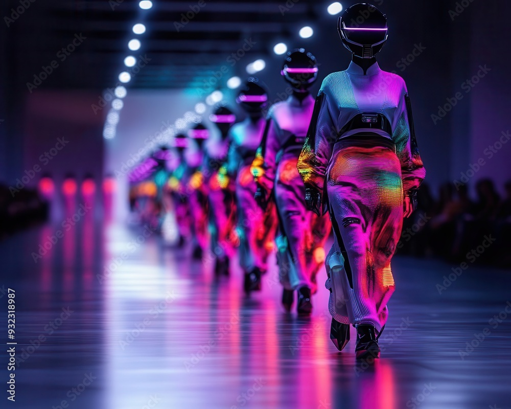 Naklejka premium Fashion runway with models showcasing futuristic designs, captured under dramatic lighting, High Fashion, Sleek, Vibrant