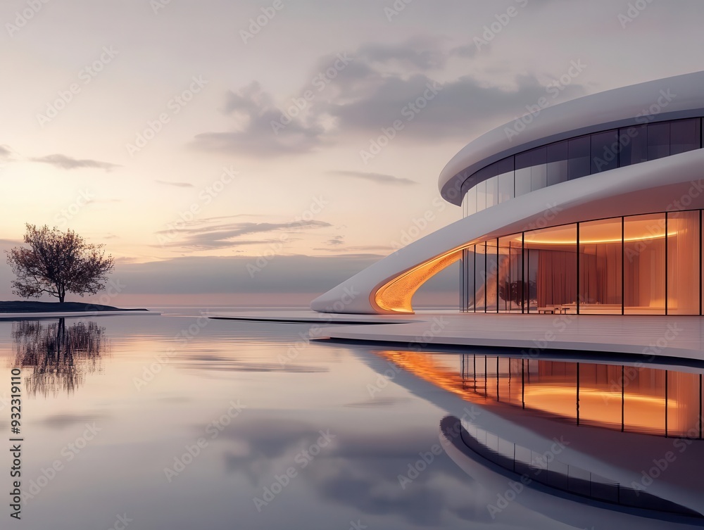 Floating buildings on a tranquil lake, with modern architectural design, Futuristic, Calm, Reflections Floating buildings on a tranquil lake, with modern architectural design, Futuristic, Calm, Reflections