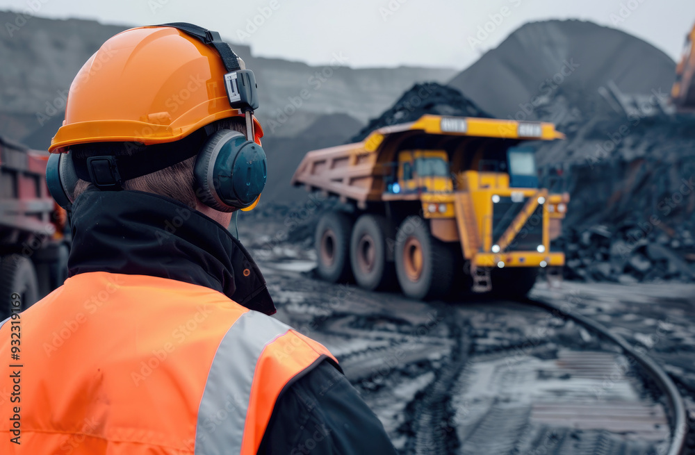 an engineer wing and eye protection while observing trucks in the background at a mining site, highlighting safety amidst an industrial setting an engineer wing and eye protection while observing trucks in the background at a mining site, highlighting safety amidst an industrial setting