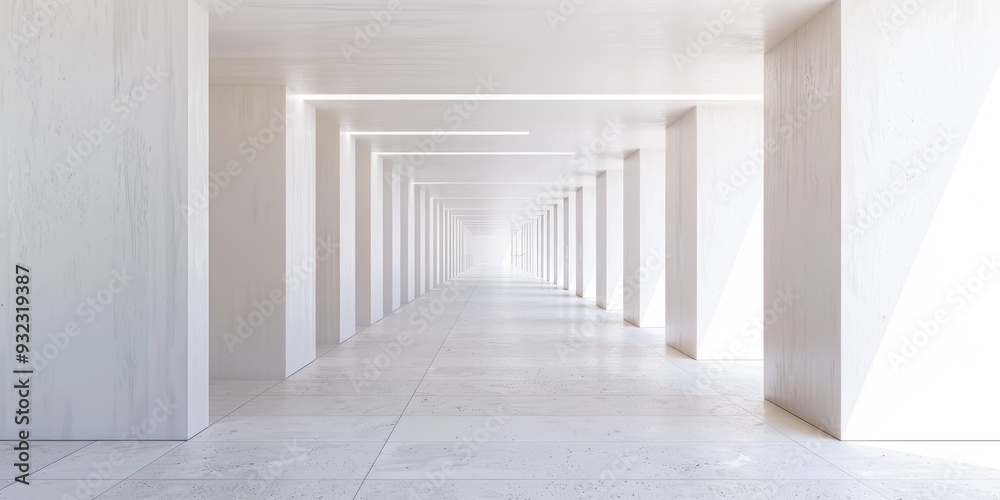 Vertical real photo of a lengthy oriental hallway with a white wall on one side and an open space on the other side showcasing geometric perspective Vertical real photo of a lengthy oriental hallway with a white wall on one side and an open space on the other side showcasing geometric perspective