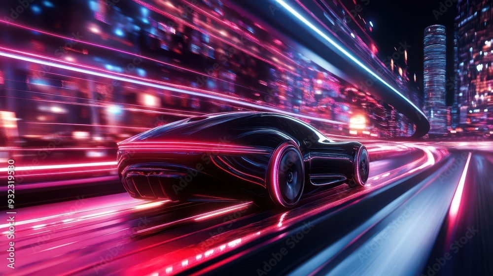 Hyperloop transport system in a futuristic city, sleek design, and highspeed, Futuristic, Neon, Dynamic Angle