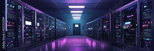 A long hallway with many computer monitors lit up in orange