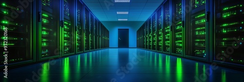 A long hallway with many computer monitors lit up in orange