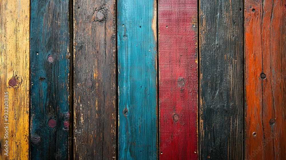 Fototapeta premium A close-up of multi-colored wooden planks featuring a red stripe on one side and a blue stripe on the other