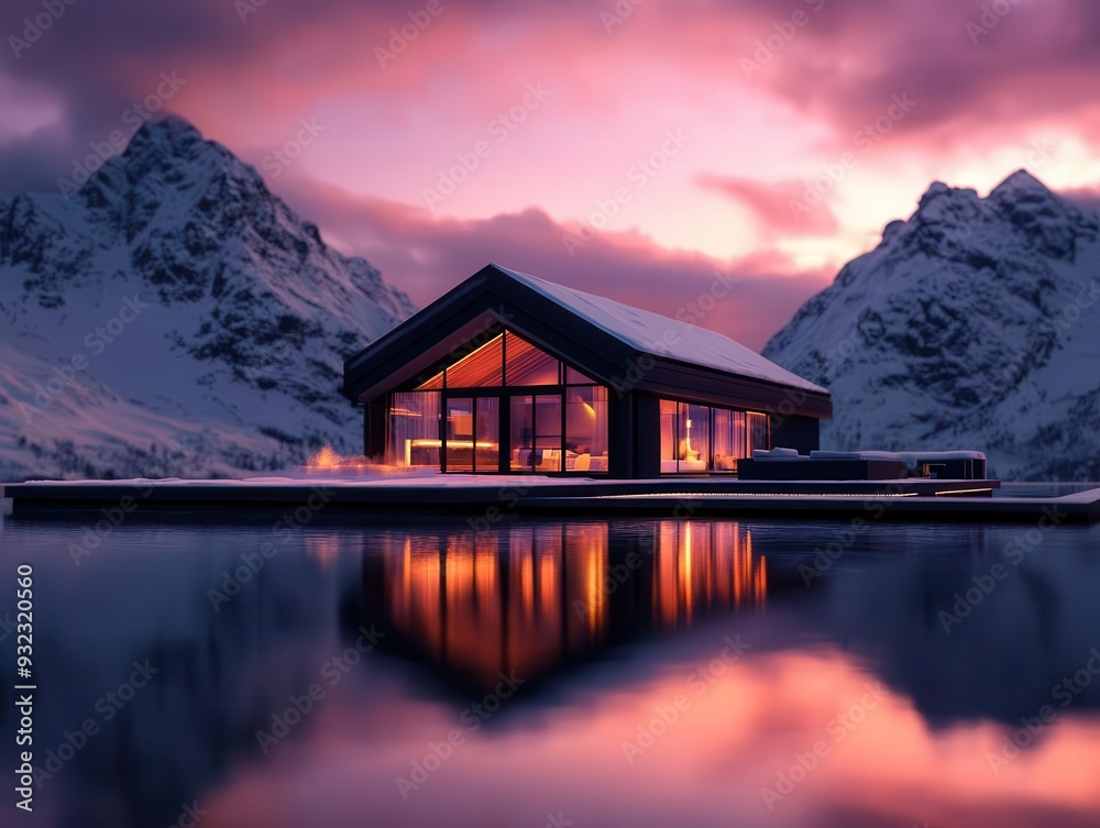 Fototapeta premium Mountain retreat with a serene lake and snowcapped peaks, captured at dawn, Nature, Tranquil, Soft Lighting