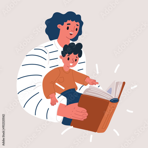 Cartoon vector illustration Baby Development. Beautiful Young Mommy Reading Book With Her Cute Infant Son At Home, Happy African American Mother Spending Time With Toddler Kid, Enjoying Maternity Leav
