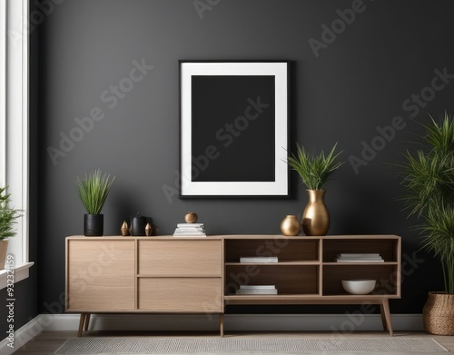 Mockup frame on cabinet in living room interior on empty dark wall background