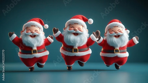 whimsical 3d santa claus trio dancing joyfully expressive faces vibrant red suits fluffy white details playful poses