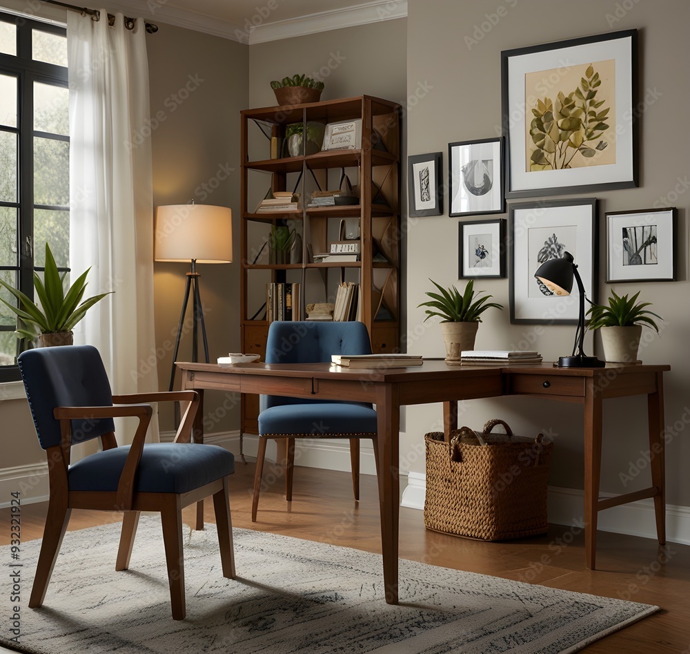 Create a home office with a warm, inviting atmosphere. The space includes a wooden desk, comfortable chair, soft lighting, and personalized decor such as framed artwork and houseplants, creating a pro Create a home office with a warm, inviting atmosphere. The space includes a wooden desk, comfortable chair, soft lighting, and personalized decor such as framed artwork and houseplants, creating a pro