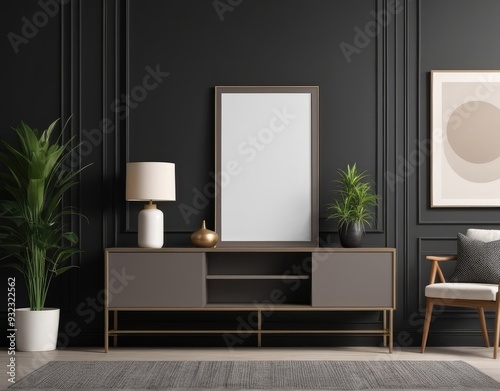 Mockup frame on cabinet in living room interior on empty dark wall background