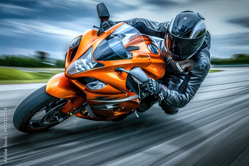 Fototapeta premium A person riding an orange motorcycle on a paved road, perfect for adventure and travel stock photos