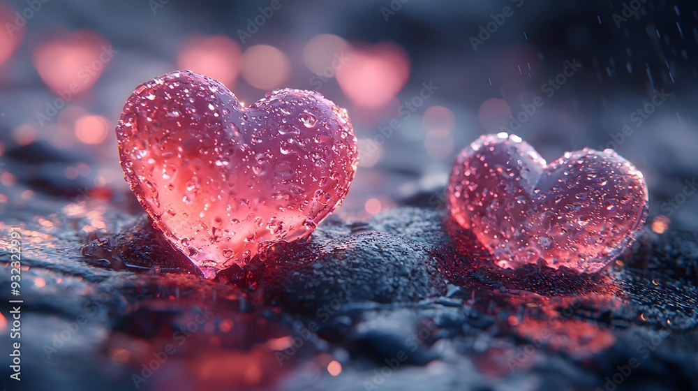 Obraz premium Two Hearts Covered in Raindrops.