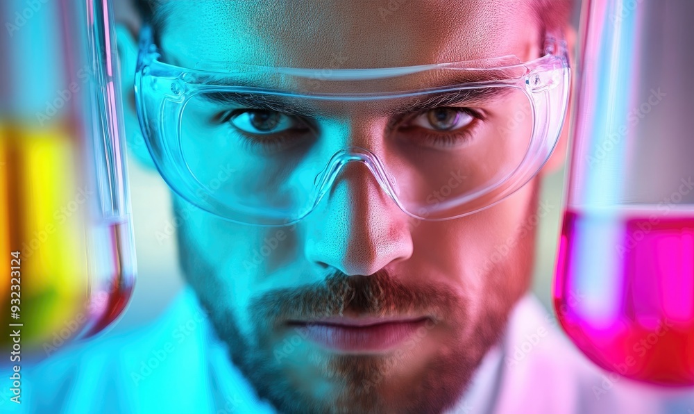 Male Scientist in a Vivid Lab Background: Focused Research and Innovation Male Scientist in a Vivid Lab Background: Focused Research and Innovation